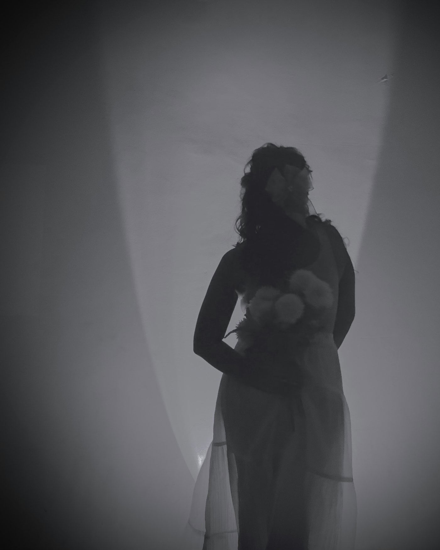 Mridula Lakshmi in silhouette, backlit under a single spotlight